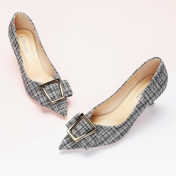 NEW C.Paravano Women's Kitten Heel Pumps-Pointed Toe with Metal Buckle|Leather - Picture 1 of 4